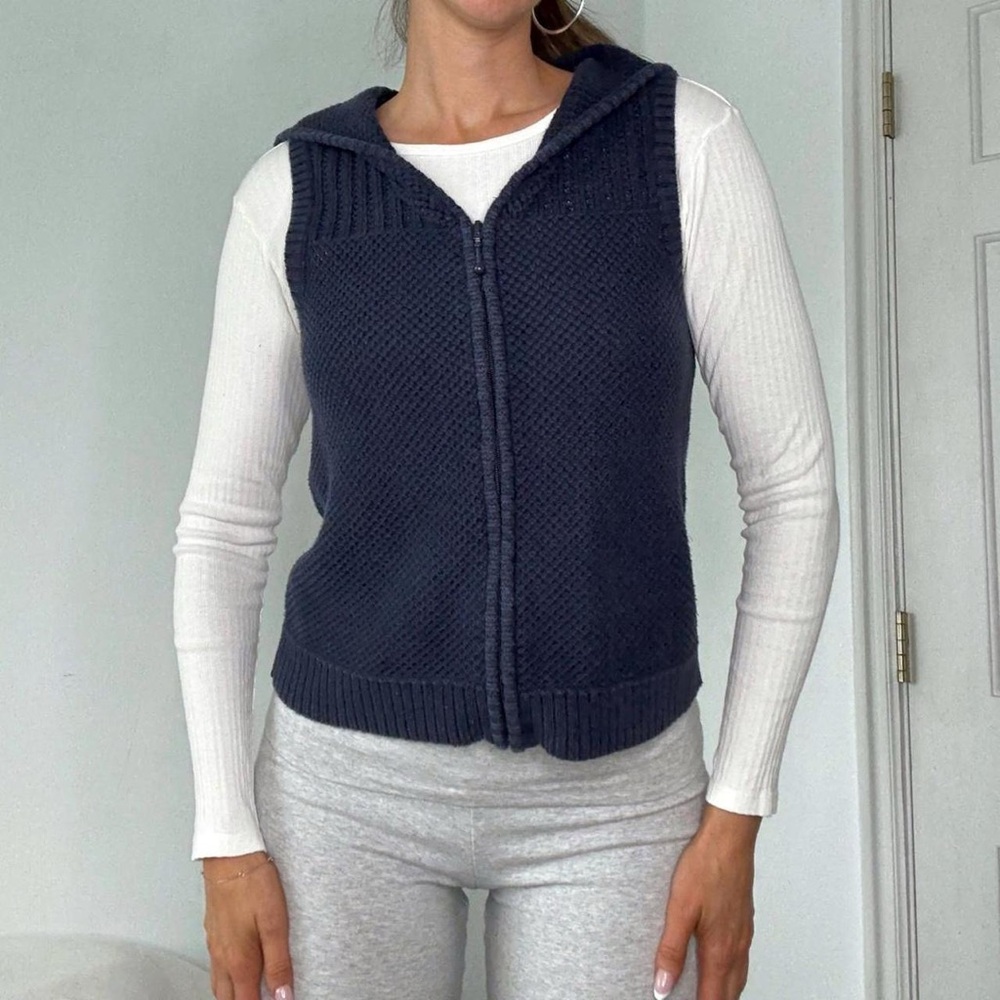 Y2K Christopher & Banks Navy Blue Cotton & Ramie Zip Sweater Vest